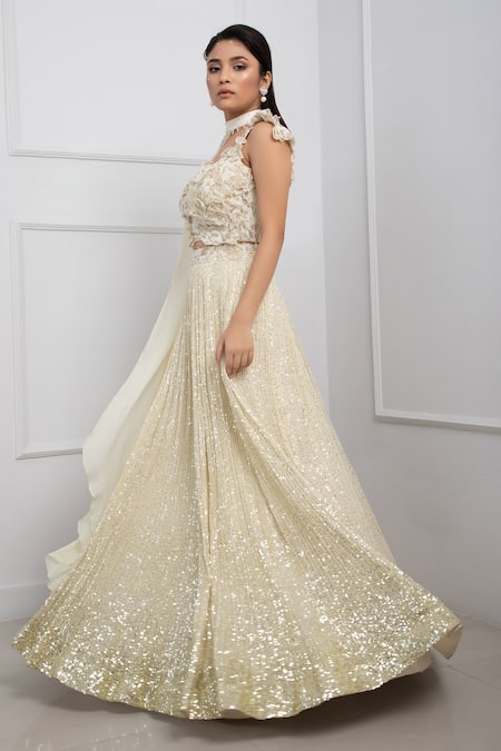 Buy_Smriti By Anju Agarwal_White Organza, Satin Pearls, Sequins Embellished Cape Pleated Lehenga Set _Online_at_Aza_Fashions