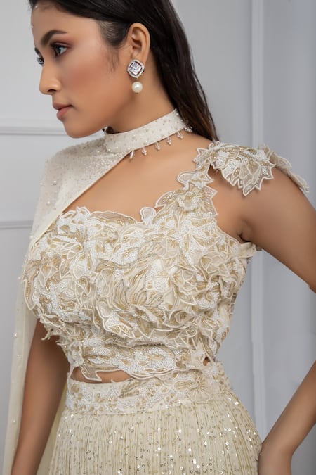 Shop_Smriti By Anju Agarwal_White Organza, Satin Pearls, Sequins Embellished Cape Pleated Lehenga Set _Online_at_Aza_Fashions