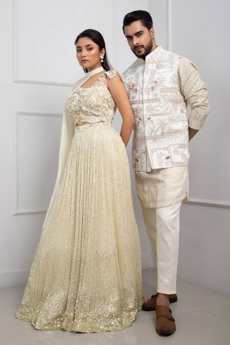Smriti By Anju Agarwal_White Organza, Satin Pearls, Sequins Embellished Cape Pleated Lehenga Set _at_Aza_Fashions