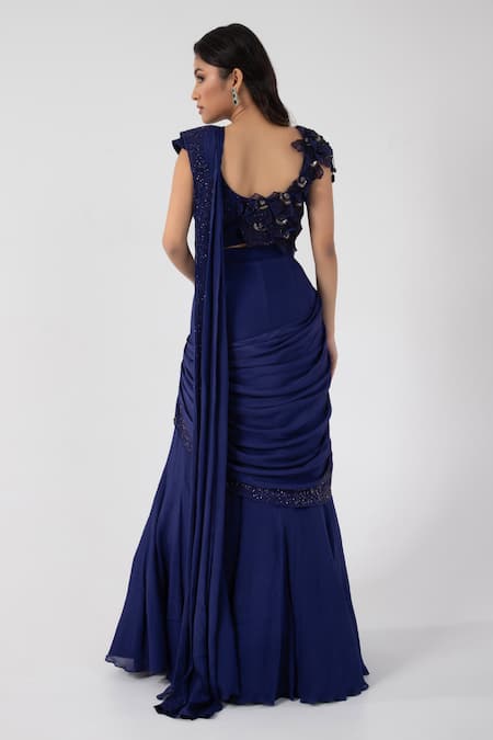 Smriti By Anju Agarwal Blue Organza, Silk, Taffeta Embellished Border Pre-draped Saree With Blouse Online at Aza Fashions Smriti By Anju Agarwal_Blue Organza, Silk, Taffeta Embellished Border Pre-draped Saree With Blouse _Online_at_Aza_Fashions