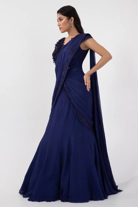 Buy Smriti By Anju Agarwal Blue Organza, Silk, Taffeta Embellished Border Pre-draped Saree With Blouse Online at Aza Fashions Buy_Smriti By Anju Agarwal_Blue Organza, Silk, Taffeta Embellished Border Pre-draped Saree With Blouse _Online_at_Aza_Fashions