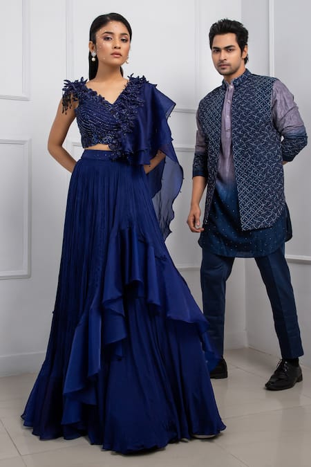 Buy Smriti By Anju Agarwal Blue Satin, Embellished Layered Pre-draped Ruffle Lehenga Saree With Blouse Online at Aza Fashions Buy_Smriti By Anju Agarwal_Blue Satin, Embellished Layered Pre-draped Ruffle Lehenga Saree With Blouse _Online_at_Aza_Fashions