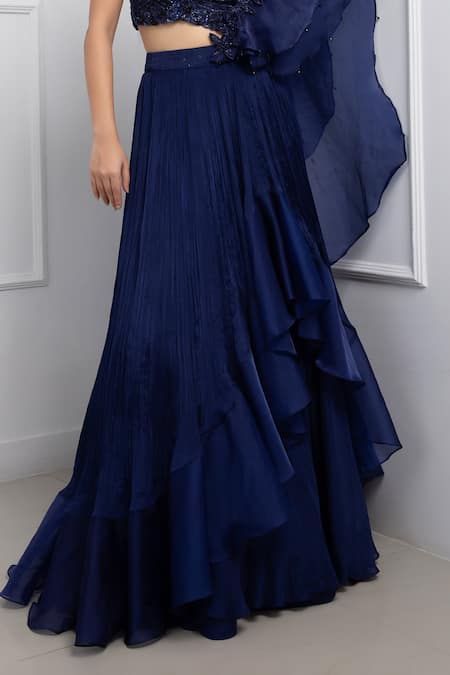 Shop Smriti By Anju Agarwal Blue Satin, Embellished Layered Pre-draped Ruffle Lehenga Saree With Blouse Online at Aza Fashions Shop_Smriti By Anju Agarwal_Blue Satin, Embellished Layered Pre-draped Ruffle Lehenga Saree With Blouse _Online_at_Aza_Fashions