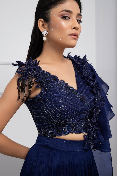 Smriti By Anju Agarwal Blue Satin, Embellished Layered Pre-draped Ruffle Lehenga Saree With Blouse at Aza Fashions Smriti By Anju Agarwal_Blue Satin, Embellished Layered Pre-draped Ruffle Lehenga Saree With Blouse _at_Aza_Fashions
