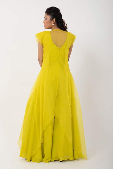 Smriti By Anju Agarwal Green Chiffon, Taffeta Applique, Beads V-neck Floral Pleated Cape With Jumpsuit Online at Aza Fashions Smriti By Anju Agarwal_Green Chiffon, Taffeta Applique, Beads V-neck Floral Pleated Cape With Jumpsuit _Online_at_Aza_Fashions