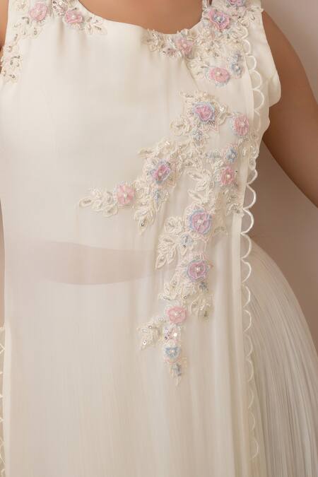 Buy_Smriti By Anju Agarwal_White Organza, Crepe, Taffeta, Floral Overlap Panel Kurta With Flared Pant _Online_at_Aza_Fashions