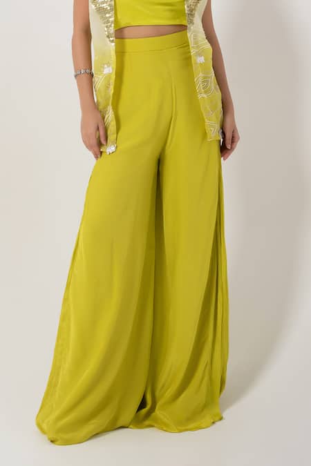 Smriti By Anju Agarwal_Green Organza, Crepe, Chiffon Sequins, Embellished Ombre Jacket Flared Pant Set _Online_at_Aza_Fashions