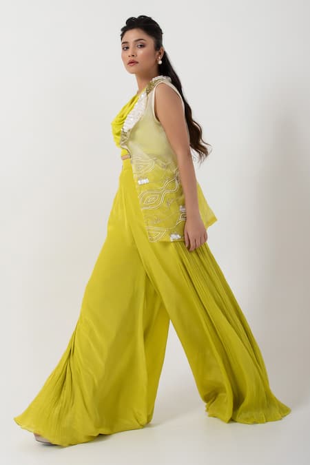 Buy_Smriti By Anju Agarwal_Green Organza, Crepe, Chiffon Sequins, Embellished Ombre Jacket Flared Pant Set _Online_at_Aza_Fashions