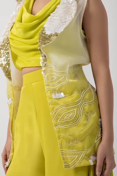 Shop_Smriti By Anju Agarwal_Green Organza, Crepe, Chiffon Sequins, Embellished Ombre Jacket Flared Pant Set _Online_at_Aza_Fashions