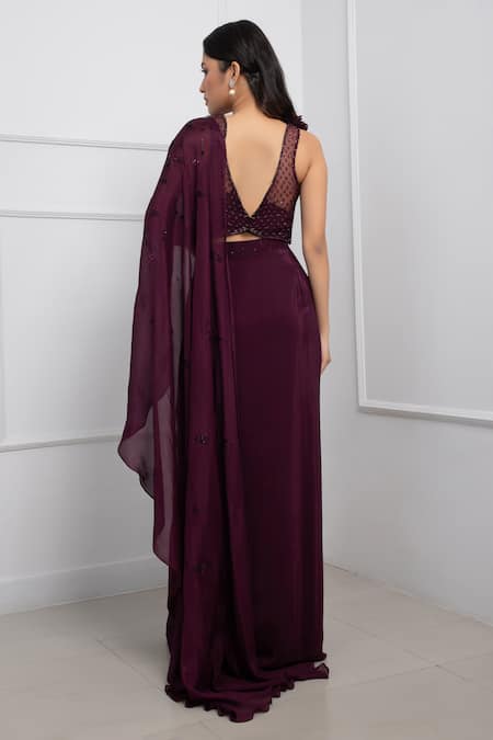 Shop_Smriti By Anju Agarwal_Purple Organza, Net, Satin Beads, Embellished Pre-draped Saree With Blouse _at_Aza_Fashions