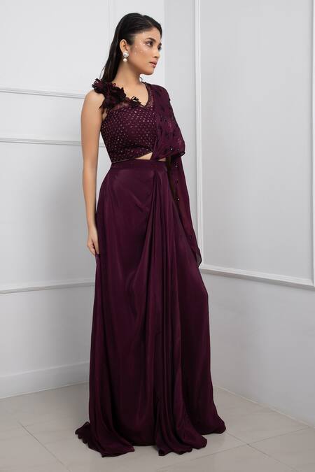 Smriti By Anju Agarwal_Purple Organza, Net, Satin Beads, Embellished Pre-draped Saree With Blouse _Online_at_Aza_Fashions
