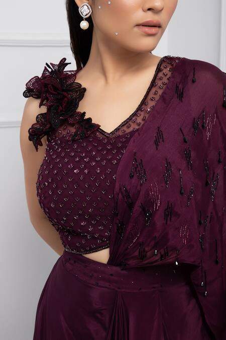 Shop_Smriti By Anju Agarwal_Purple Organza, Net, Satin Beads, Embellished Pre-draped Saree With Blouse _Online_at_Aza_Fashions