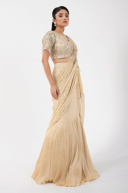 Smriti By Anju Agarwal Gold Organza, Georgette, Satin, Taffeta Embellished Pre-draped Saree With Blouse Online at Aza Fashions Smriti By Anju Agarwal_Gold Organza, Georgette, Satin, Taffeta Embellished Pre-draped Saree With Blouse _Online_at_Aza_Fashions