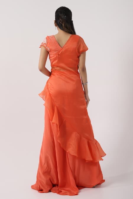 Smriti By Anju Agarwal_Orange Organza, Crepe, Chiffon Floral One Shoulder Cape Flared Pant Set _Online_at_Aza_Fashions