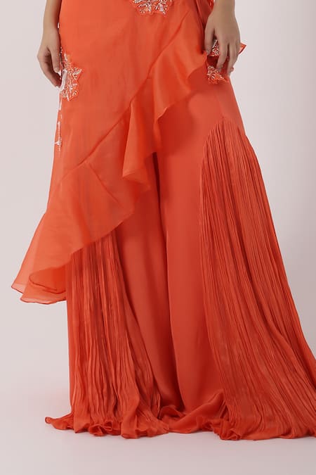 Buy_Smriti By Anju Agarwal_Orange Organza, Crepe, Chiffon Floral One Shoulder Cape Flared Pant Set _Online_at_Aza_Fashions