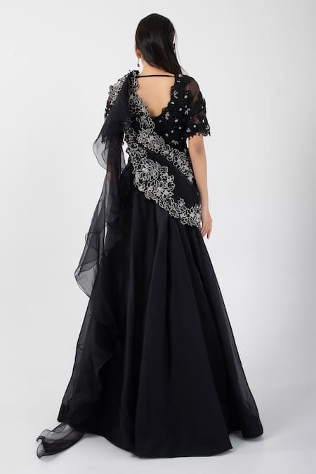 Smriti By Anju Agarwal_Black Satin, Organza Sequins, Embroidered Draped One Shoulder Cape Lehenga Set _Online_at_Aza_Fashions