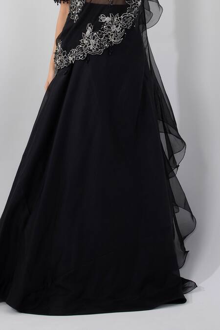 Buy_Smriti By Anju Agarwal_Black Satin, Organza Sequins, Embroidered Draped One Shoulder Cape Lehenga Set _Online_at_Aza_Fashions
