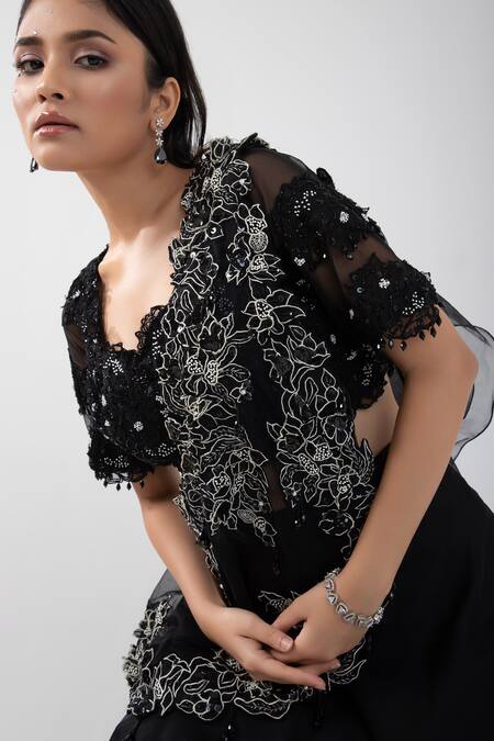 Shop_Smriti By Anju Agarwal_Black Satin, Organza Sequins, Embroidered Draped One Shoulder Cape Lehenga Set _Online_at_Aza_Fashions