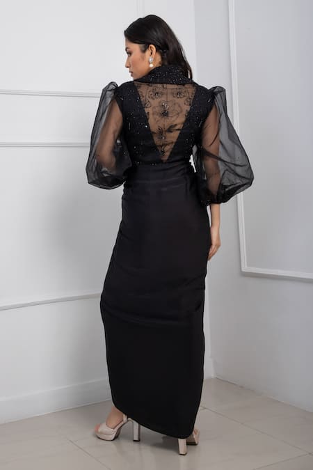 Shop Smriti By Anju Agarwal Black Organza, Modal, Taffeta Sequins, Applique Floral Embellished Draped Dress at Aza Fashions Shop_Smriti By Anju Agarwal_Black Organza, Modal, Taffeta Sequins, Applique Floral Embellished Draped Dress _at_Aza_Fashions
