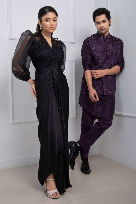 Smriti By Anju Agarwal Black Organza, Modal, Taffeta Sequins, Applique Floral Embellished Draped Dress Online at Aza Fashions Smriti By Anju Agarwal_Black Organza, Modal, Taffeta Sequins, Applique Floral Embellished Draped Dress _Online_at_Aza_Fashions