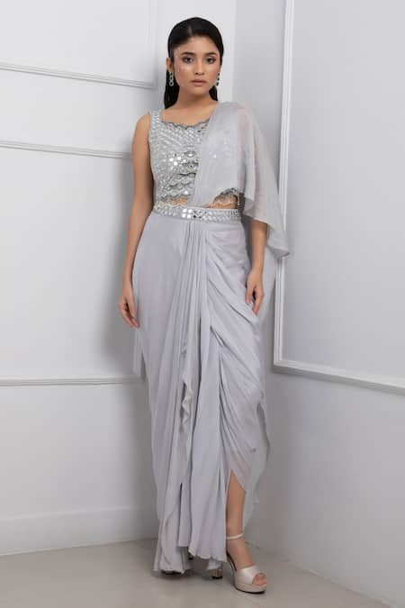 Smriti by Anju Agarwal Embellished Pre-Draped Saree With Mirrorwork Blouse 