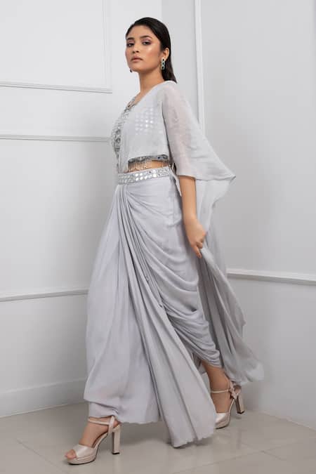 Shop_Smriti By Anju Agarwal_Grey Organza, Satin Beads, Sequins, Embellished Pre-draped Saree With Blouse _Online_at_Aza_Fashions