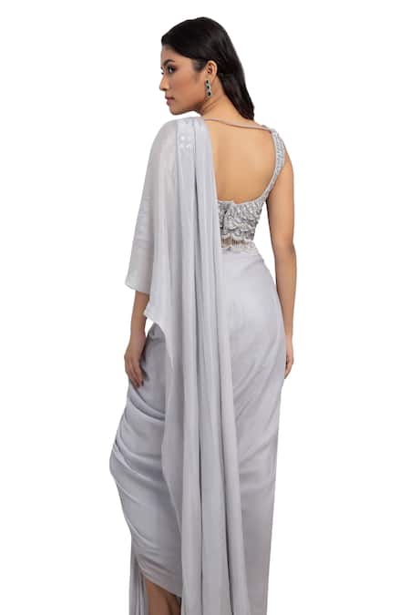 Smriti By Anju Agarwal_Grey Organza, Satin Beads, Sequins, Embellished Pre-draped Saree With Blouse _at_Aza_Fashions