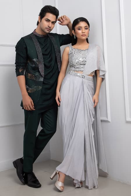 Buy_Smriti By Anju Agarwal_Grey Organza, Satin Beads, Sequins, Embellished Pre-draped Saree With Blouse 