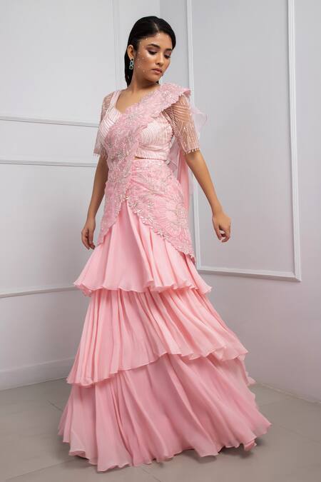 Buy_Smriti By Anju Agarwal_Pink Organza, Satin Sequins, Embellished Tiered Pre-draped Saree With Blouse _Online_at_Aza_Fashions