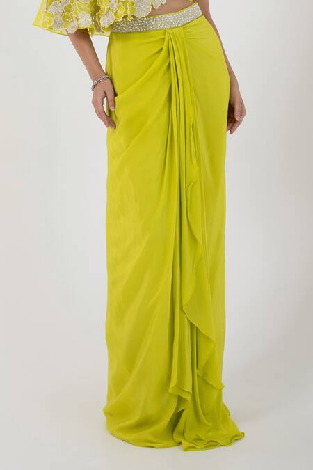 Smriti By Anju Agarwal_Green Satin, Crepe Sequins, Floral Applique Embellished Cape Draped Skirt Set _Online_at_Aza_Fashions