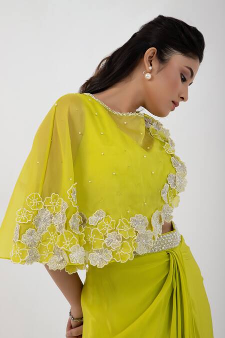 Buy_Smriti By Anju Agarwal_Green Satin, Crepe Sequins, Floral Applique Embellished Cape Draped Skirt Set _Online_at_Aza_Fashions