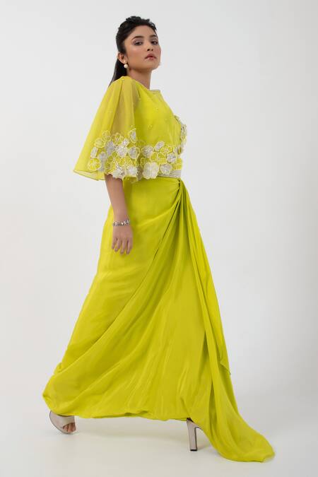 Shop_Smriti By Anju Agarwal_Green Satin, Crepe Sequins, Floral Applique Embellished Cape Draped Skirt Set _Online_at_Aza_Fashions