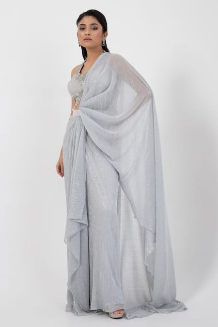 Smriti by Anju Agarwal Textured Pre-Draped Saree With Embellished Blouse 