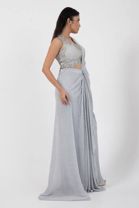 Smriti By Anju Agarwal_Grey Organza, Crepe, Taffeta, Textured Pre-draped Saree With Embellished Blouse _Online_at_Aza_Fashions