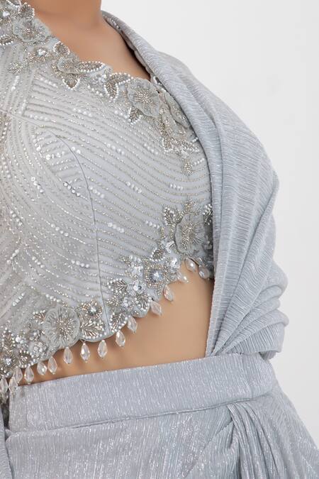 Buy_Smriti By Anju Agarwal_Grey Organza, Crepe, Taffeta, Textured Pre-draped Saree With Embellished Blouse _Online_at_Aza_Fashions