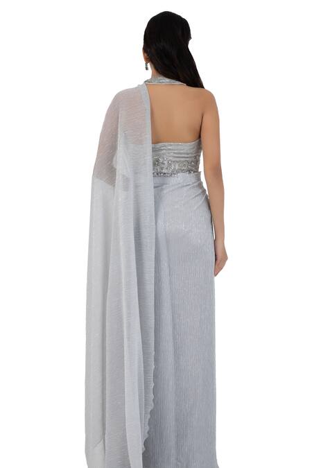 Shop_Smriti By Anju Agarwal_Grey Organza, Crepe, Taffeta, Textured Pre-draped Saree With Embellished Blouse _Online_at_Aza_Fashions