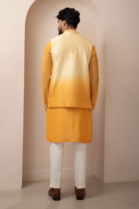Smriti By Anju Agarwal_Yellow Chanderi, Cotton Embroidery Ombre Nehru Jacket And Kurta Set _Online_at_Aza_Fashions