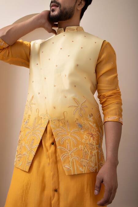 Buy_Smriti By Anju Agarwal_Yellow Chanderi, Cotton Embroidery Ombre Nehru Jacket And Kurta Set _Online_at_Aza_Fashions