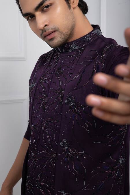 Smriti By Anju Agarwal_Purple Linen, Silk, Cotton Beads, Embroidery Jellyfish Kurta Set _Online_at_Aza_Fashions