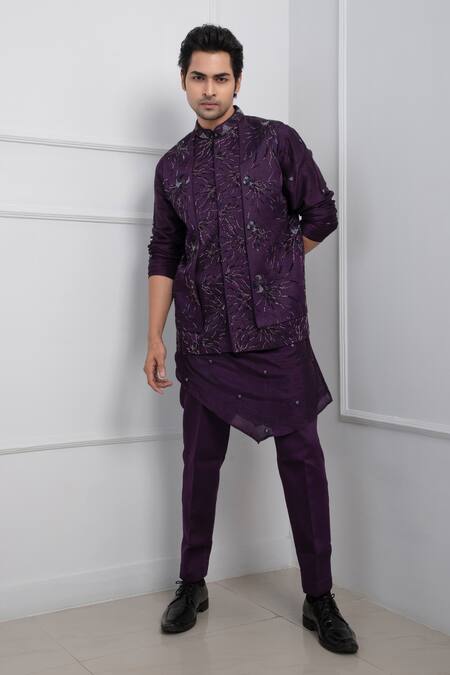 Buy_Smriti By Anju Agarwal_Purple Linen, Silk, Cotton Beads, Embroidery Jellyfish Kurta Set _Online_at_Aza_Fashions