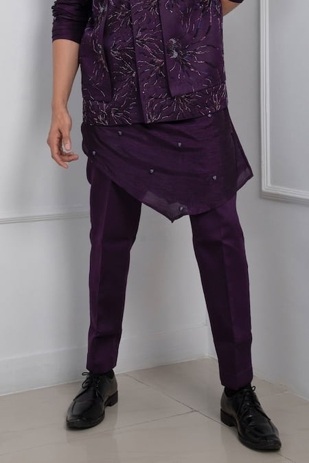 Shop_Smriti By Anju Agarwal_Purple Linen, Silk, Cotton Beads, Embroidery Jellyfish Kurta Set _Online_at_Aza_Fashions
