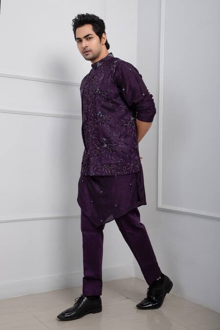 Smriti By Anju Agarwal_Purple Linen, Silk, Cotton Beads, Embroidery Jellyfish Kurta Set _at_Aza_Fashions