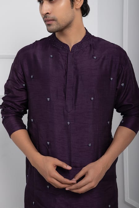 Buy_Smriti By Anju Agarwal_Purple Silk, Cotton Beads Asymmetric Embroidered Kurta With Pant _Online_at_Aza_Fashions