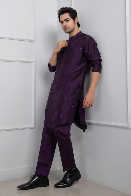 Shop_Smriti By Anju Agarwal_Purple Silk, Cotton Beads Asymmetric Embroidered Kurta With Pant _Online_at_Aza_Fashions