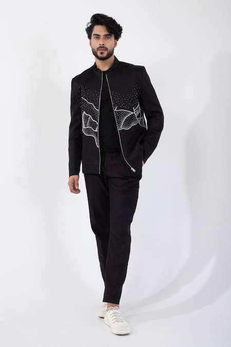 Smriti By Anju Agarwal Obsidian Tide Embroidered Bomber Jacket 