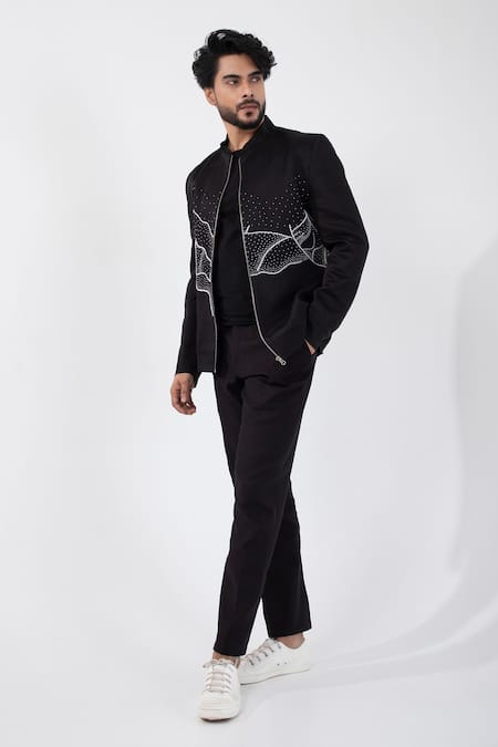 Buy_Smriti By Anju Agarwal_Black Linen, Satin Stones, Embroidery Obsidian Tide Bomber Jacket _Online_at_Aza_Fashions