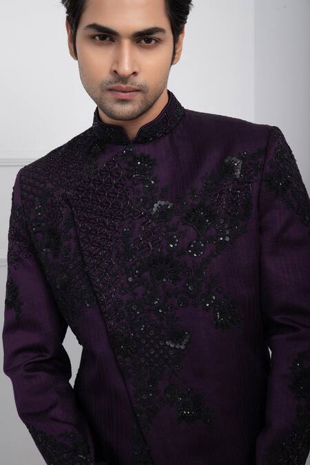 Buy_Smriti By Anju Agarwal_Purple Linen, Satin, Polyester Sequins, Midnight Plum Bandhgala With Trouser _Online_at_Aza_Fashions