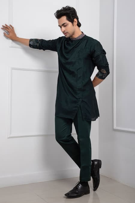 Buy_Smriti By Anju Agarwal_Green Silk, Cotton Sequins Ditsy Emrboidered Cowl Kurta With Pant _Online_at_Aza_Fashions