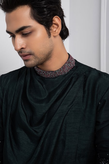 Shop_Smriti By Anju Agarwal_Green Silk, Cotton Sequins Ditsy Emrboidered Cowl Kurta With Pant _Online_at_Aza_Fashions