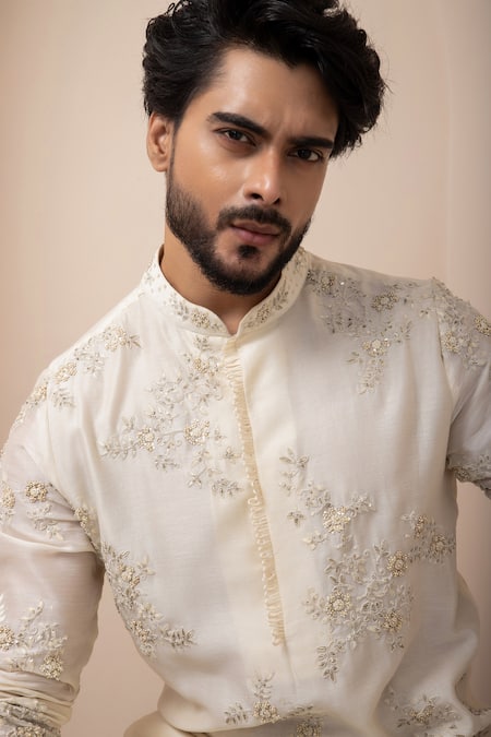 Buy_Smriti By Anju Agarwal_Ivory Chanderi, Cotton Embroidery, Beads Floral Garden Kurta With Pant _Online_at_Aza_Fashions